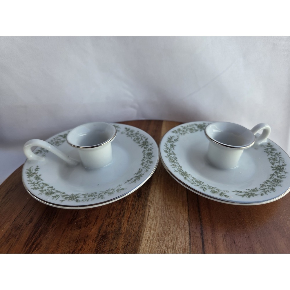 Mikasa Montclair G9059 Taper Candle Holders Pair Fine China Japan Silver Trim